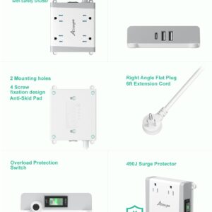 Alitayee Mountable Surge Protector Power Strip, Wall Mount Power Strip with 4 Outlets and 3 USB, Flat Plug, Shutter Safety and Circuit Breaker Switch, 6 Ft Extension Cord for College Home Office Dorm