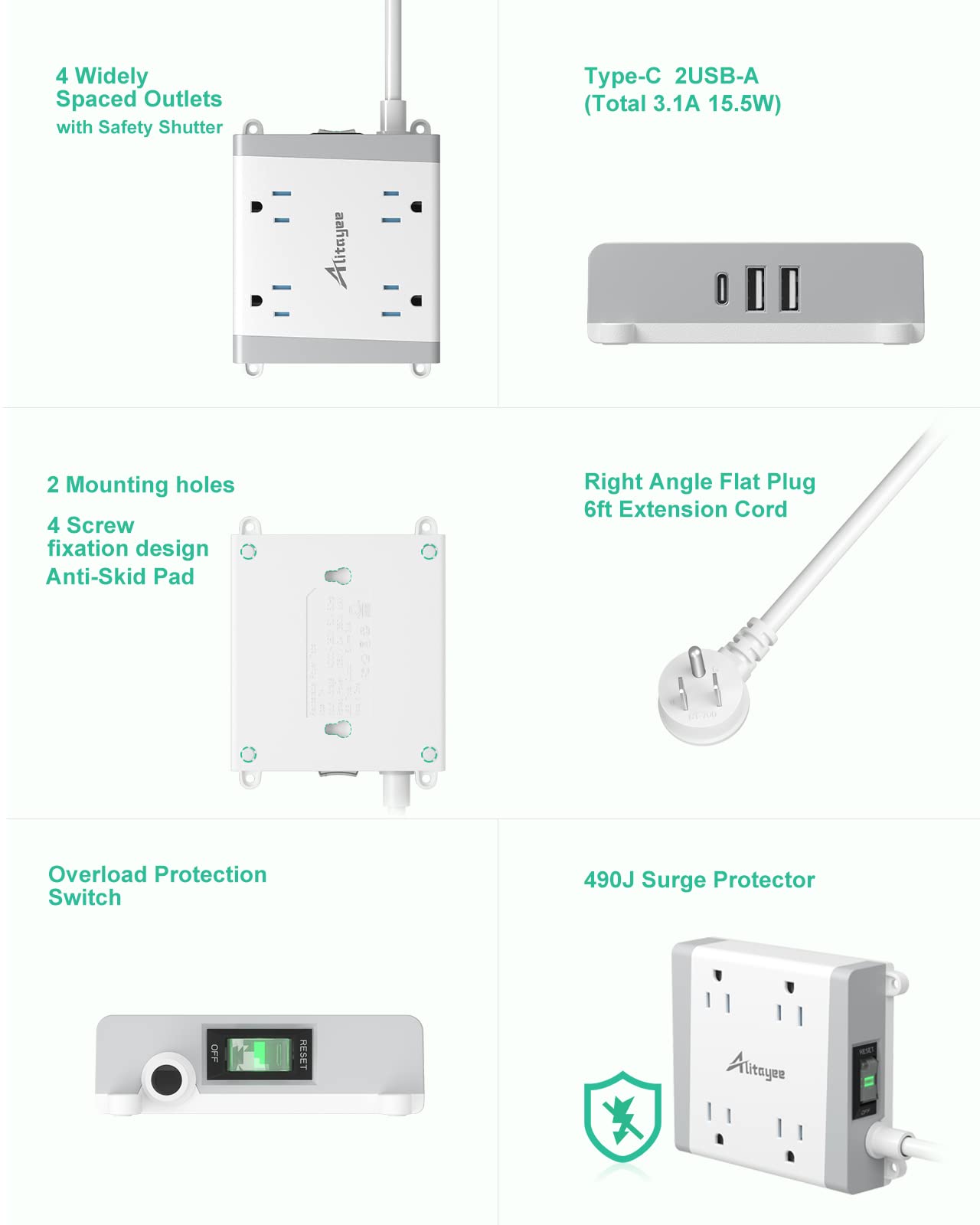 Alitayee Mountable Surge Protector Power Strip, Wall Mount Power Strip with 4 Outlets and 3 USB, Flat Plug, Shutter Safety and Circuit Breaker Switch, 6 Ft Extension Cord for College Home Office Dorm