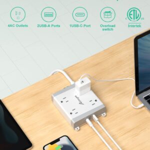 Alitayee Mountable Surge Protector Power Strip, Wall Mount Power Strip with 4 Outlets and 3 USB, Flat Plug, Shutter Safety and Circuit Breaker Switch, 6 Ft Extension Cord for College Home Office Dorm