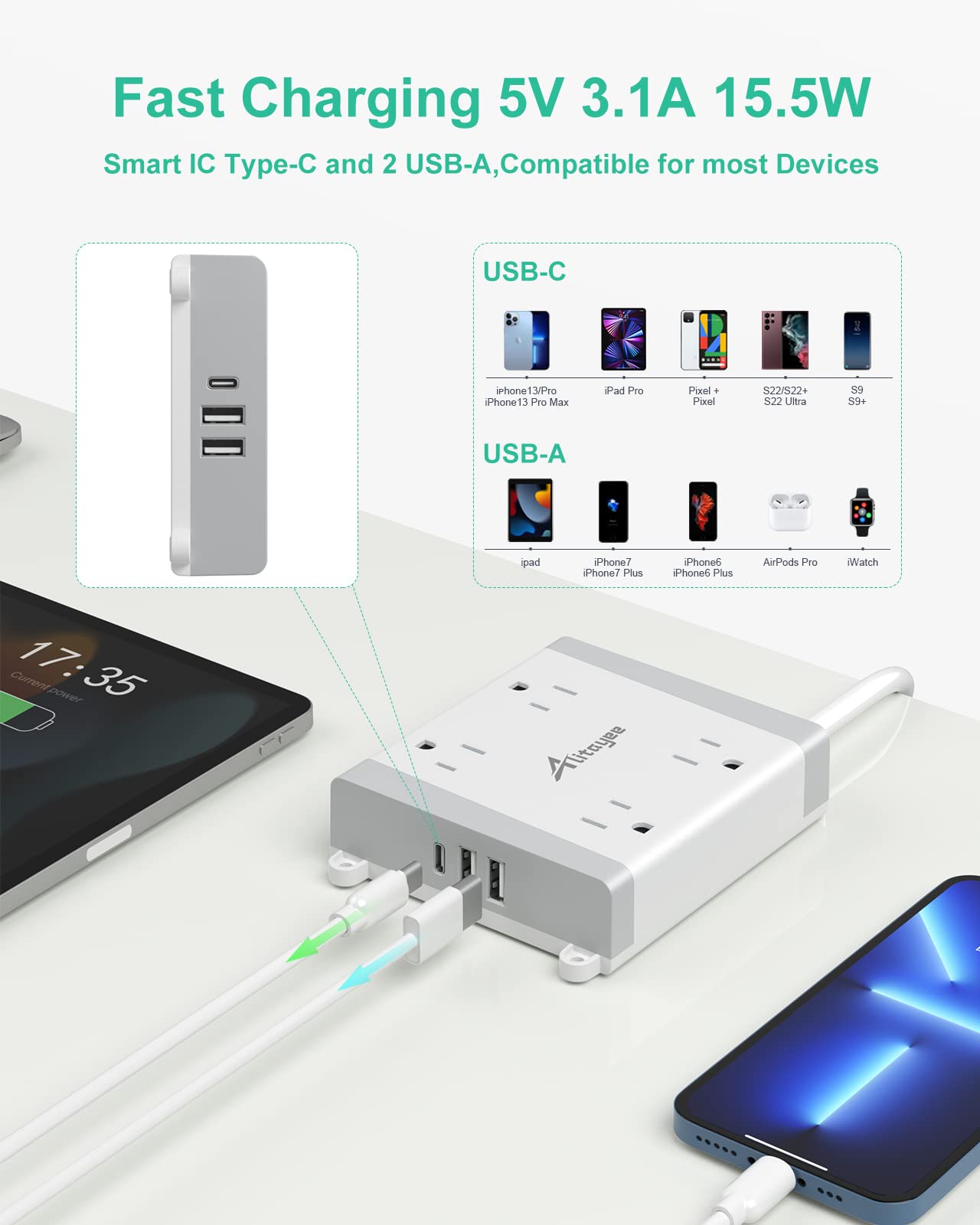 Alitayee Mountable Surge Protector Power Strip, Wall Mount Power Strip with 4 Outlets and 3 USB, Flat Plug, Shutter Safety and Circuit Breaker Switch, 6 Ft Extension Cord for College Home Office Dorm