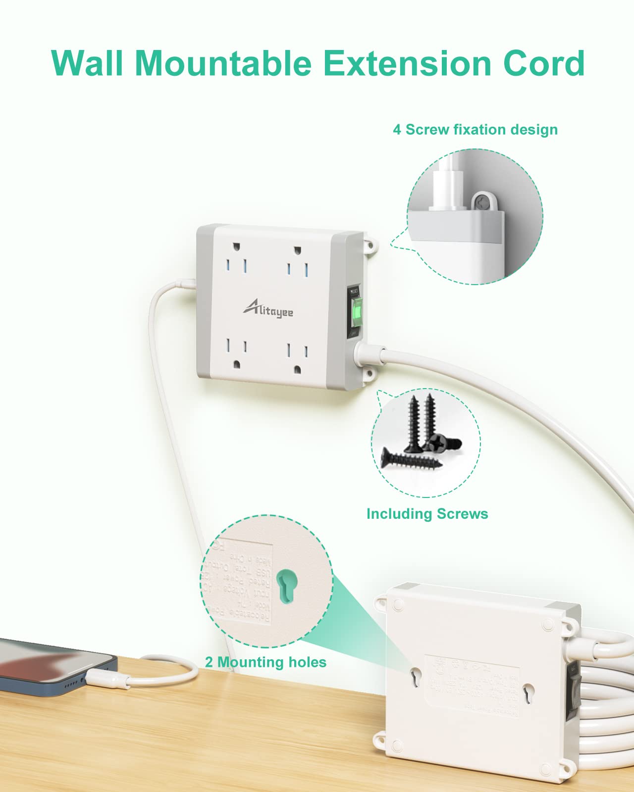 Alitayee Mountable Surge Protector Power Strip, Wall Mount Power Strip with 4 Outlets and 3 USB, Flat Plug, Shutter Safety and Circuit Breaker Switch, 6 Ft Extension Cord for College Home Office Dorm