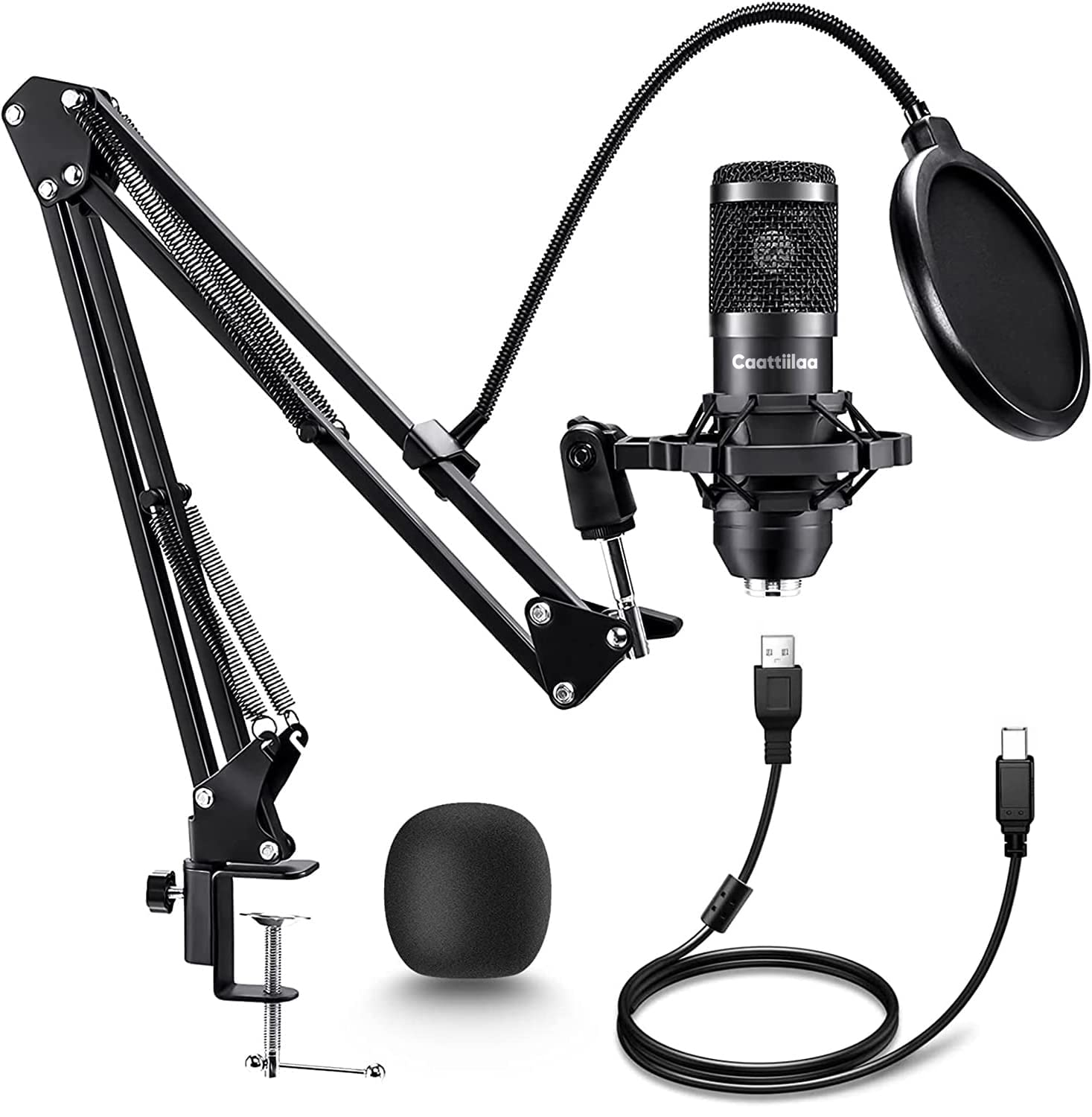 Caattiilaa - PC Streaming Podcast Microphone, for Recording, Gaming, 192KHZ/24Bit Condenser Electric USB Mic Kit with Sound Chipset Boom