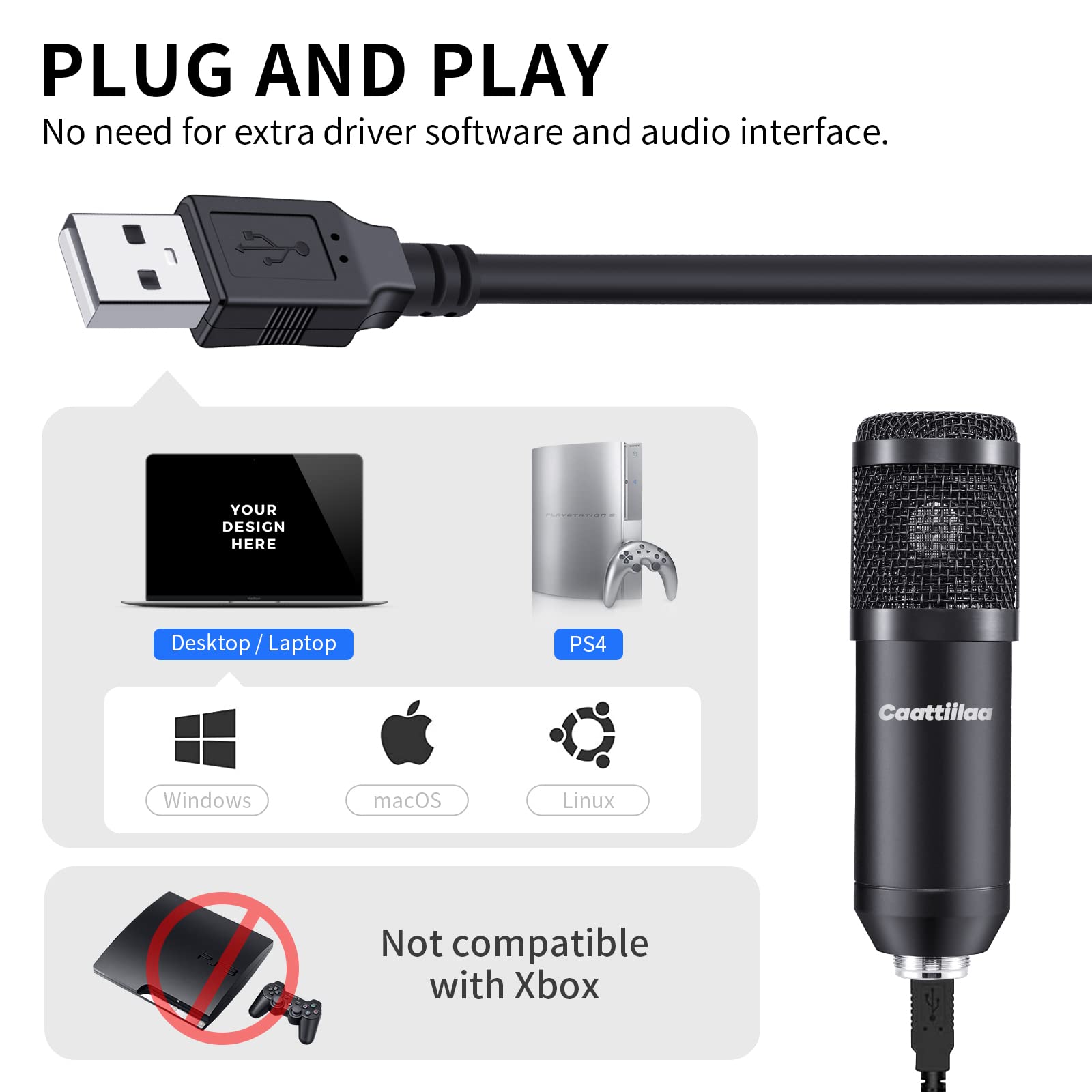 Caattiilaa - PC Streaming Podcast Microphone, for Recording, Gaming, 192KHZ/24Bit Condenser Electric USB Mic Kit with Sound Chipset Boom