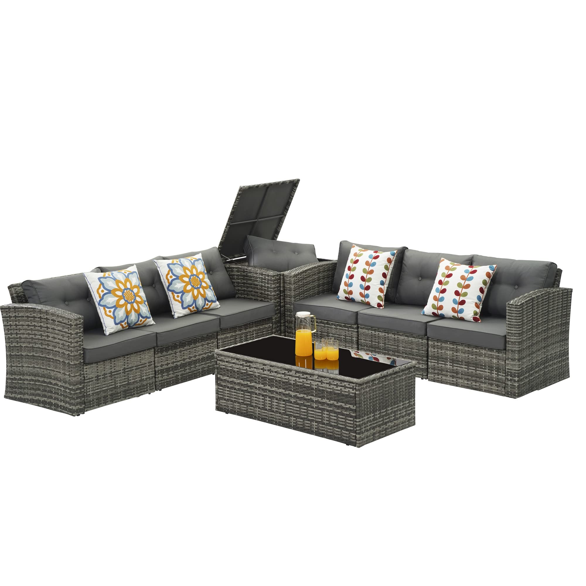 SUNVIVI OUTDOOR 7-Piece Patio Furniture Set - Stylish and Durable Outdoor Couch Sofa with Velcros Seat to Lounge, Dine, and Entertain - Grey Wicker Beige Cushion