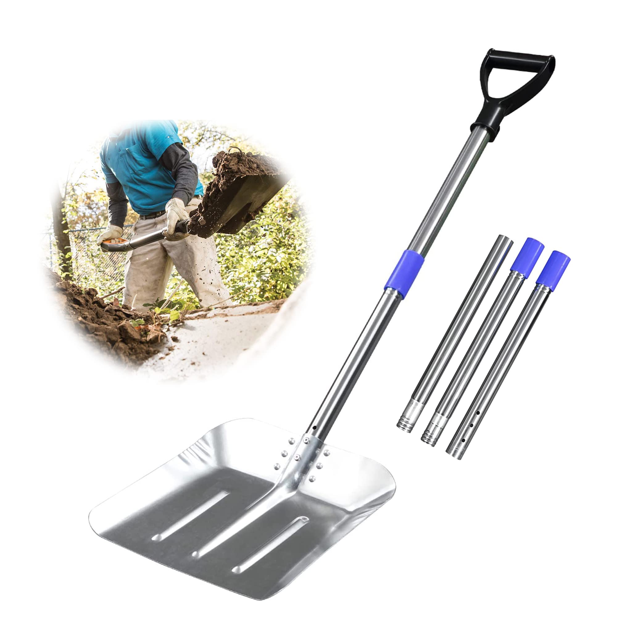 Garden Shovels for Digging, Adjustable Pole with Ergonomic D Grip Spade Shovel with Flat Head,55 or 41 Inch Detachable Stainless Steel Digging Shovel for Scoop Edging Trenching Landscaping，Big