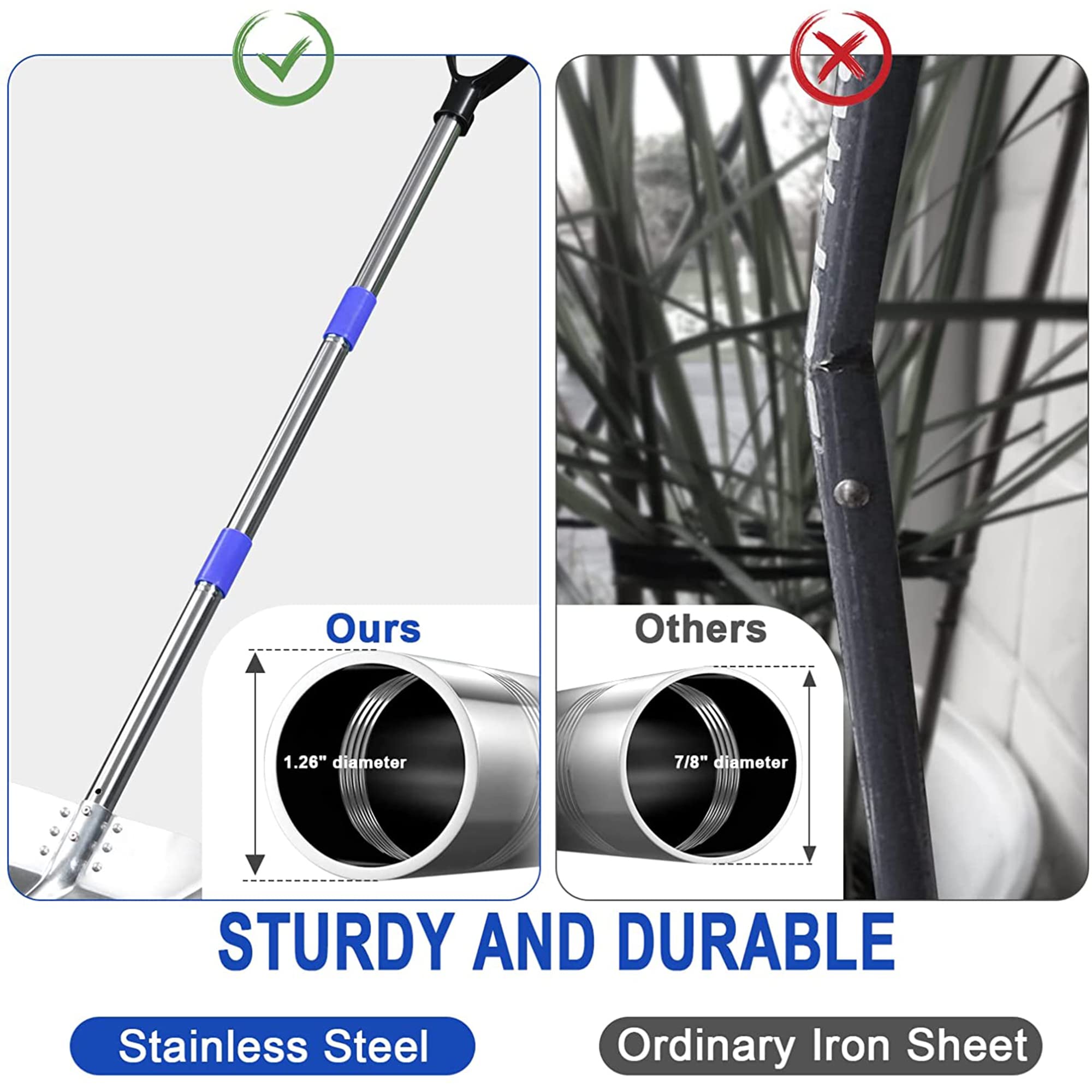 Garden Shovels for Digging, Adjustable Pole with Ergonomic D Grip Spade Shovel with Flat Head,55 or 41 Inch Detachable Stainless Steel Digging Shovel for Scoop Edging Trenching Landscaping，Big