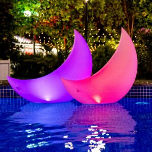 tially floating pool lights solar powered - 24" crescent moon floating lights - inflatable floating solar pool lights for swimming pool, led pool lights for weddings, pool party decor (2 pack)