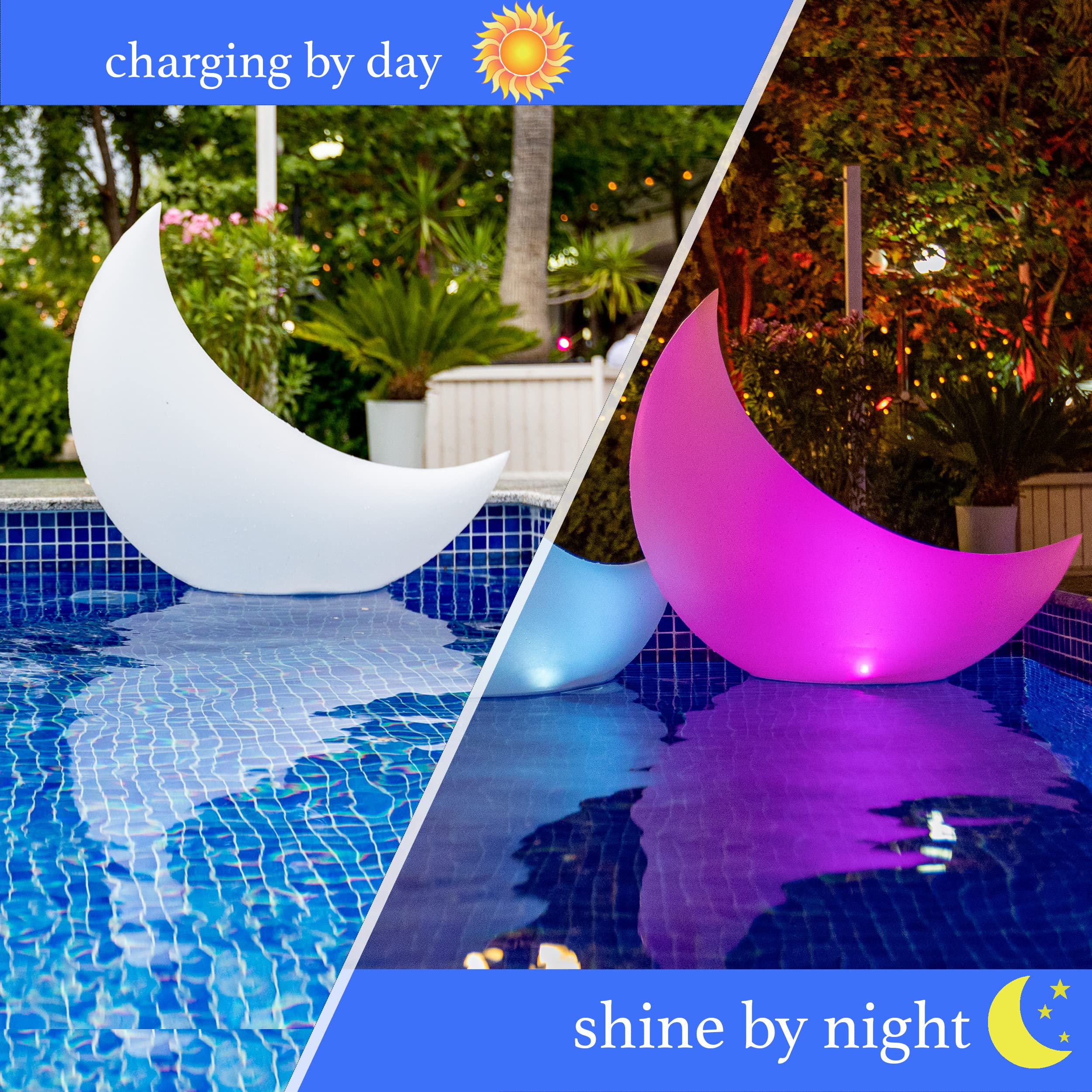 TIALLY Floating Pool Lights Solar Powered - 24" Crescent Moon Floating Lights - Inflatable Floating Solar Pool Lights for Swimming Pool, LED Pool Lights for Weddings, Pool Party Decor (2 Pack)