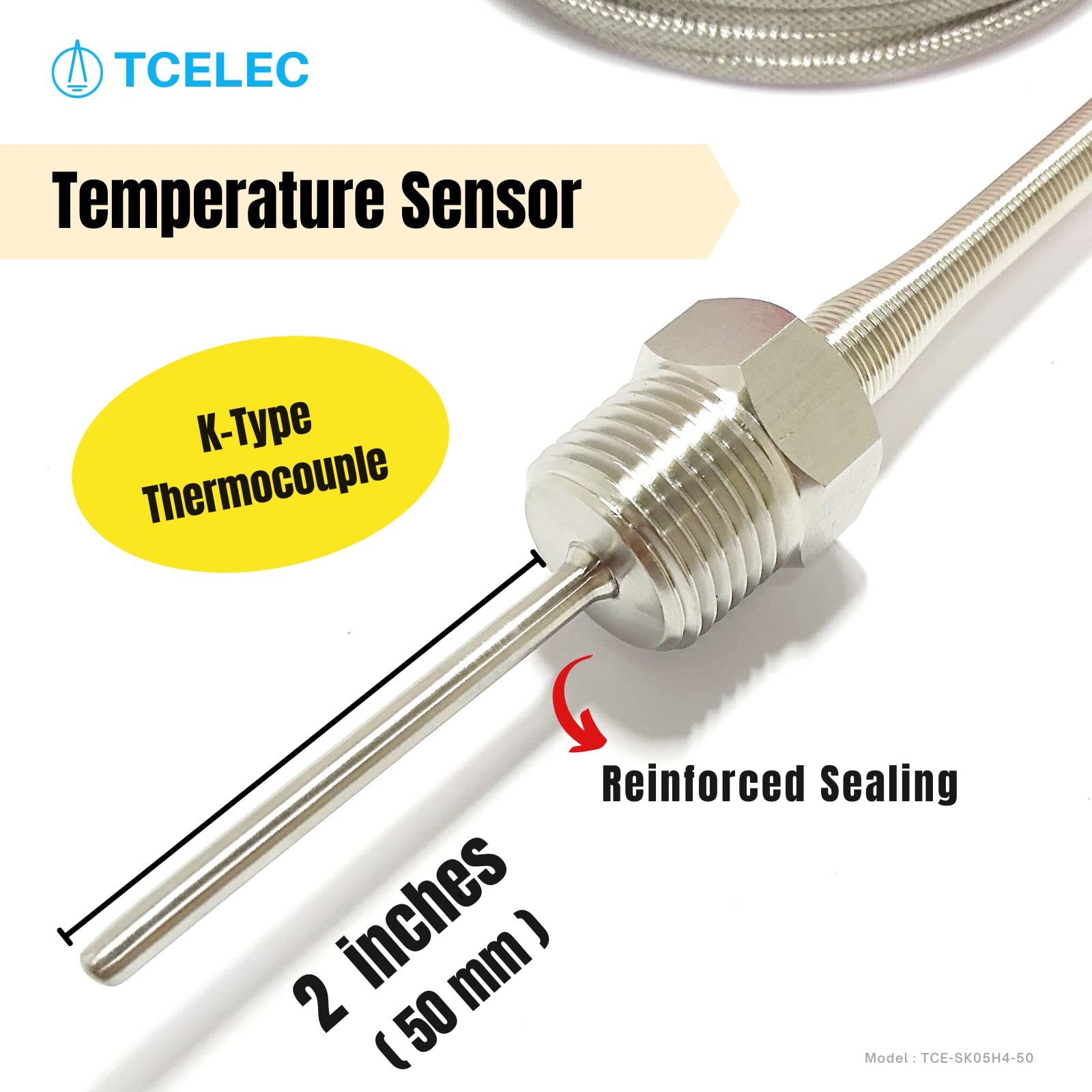TCELEC TCE-SK05H4-50 K Type Thermocouple Probe for Furnace Oven Meet The 1/2 PT Screw Thread K-Type Input Instrument Thermocouple Thermometer Sensor Temperature Range from 77°F to 1112°F