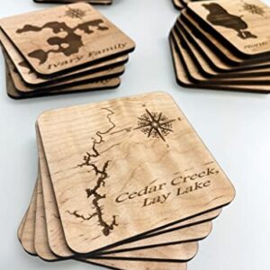 Custom Lake Map Square Wood Coasters - ANY LAKE! sets of 4, 6, 8- lake house décor Laser Engraved