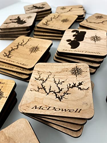 Custom Lake Map Square Wood Coasters - ANY LAKE! sets of 4, 6, 8- lake house décor Laser Engraved