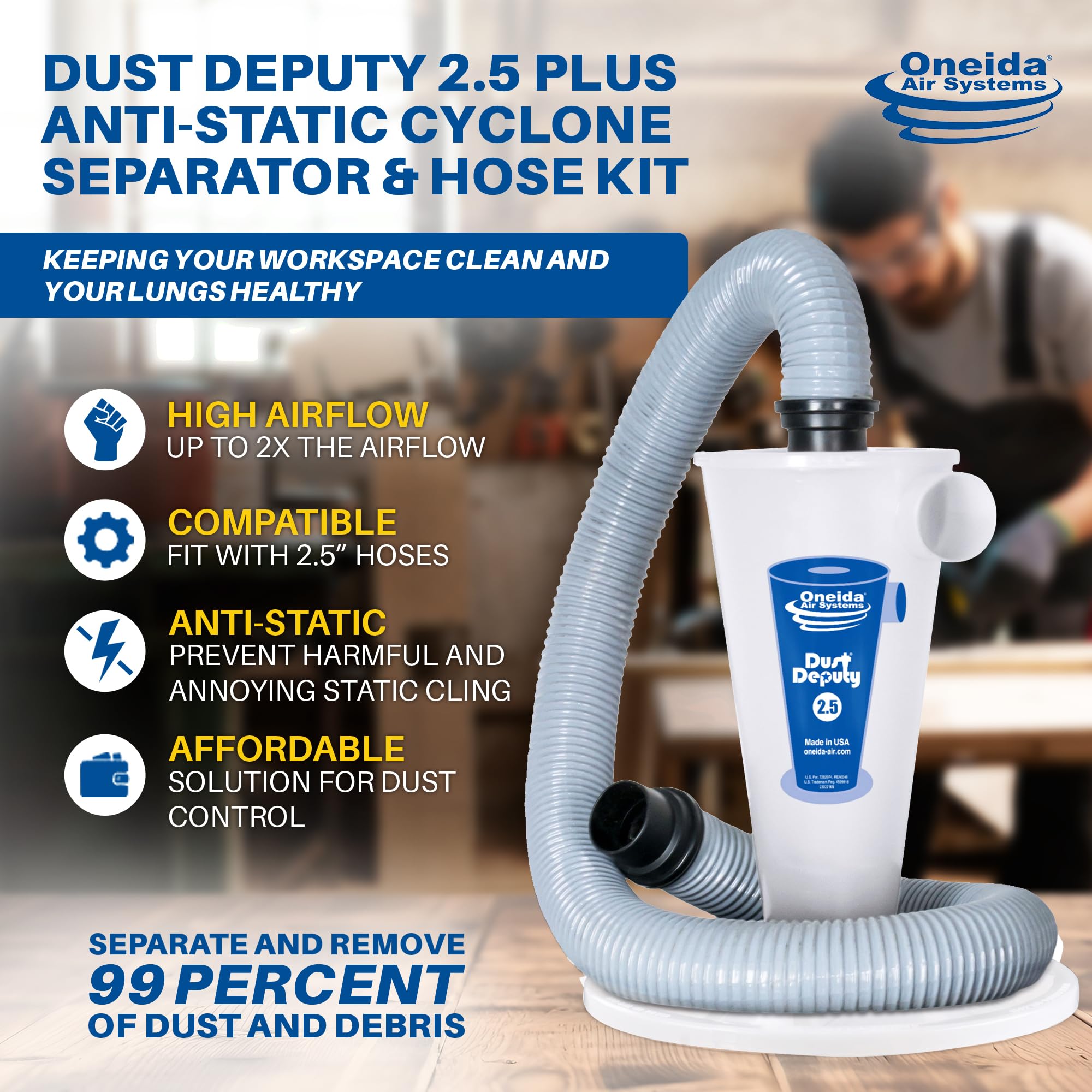 Oneida Air Systems Dust Deputy 2.5 Plus Cyclone Separator XL: Highest CFM Collector for Wet/Dry Shop Vacuums with Lid (New DD 2.5 Plus)