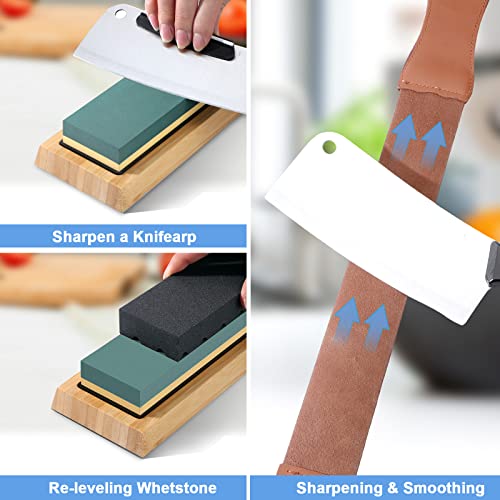 Sharpening Stone Whetstone Set, Knife Sharpening Stone Kit 4 Side Grit 400/1000 3000/8000, Professional Whetstone Knife Sharpener Includes Bamboo Base, Flattening Stone, Leather Strop & Angle Guide