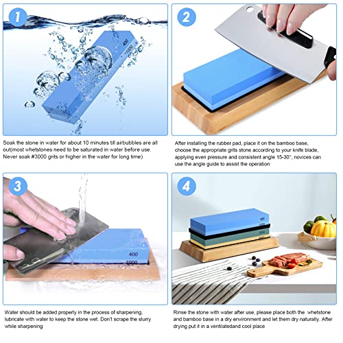 Sharpening Stone Whetstone Set, Knife Sharpening Stone Kit 4 Side Grit 400/1000 3000/8000, Professional Whetstone Knife Sharpener Includes Bamboo Base, Flattening Stone, Leather Strop & Angle Guide