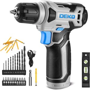 deko 8v cordless drill, drill set with 3/8"keyless chuck, built-in led, type-c charge cable, 42pcs acessories, power drill for drilling and tightening/loosening screws