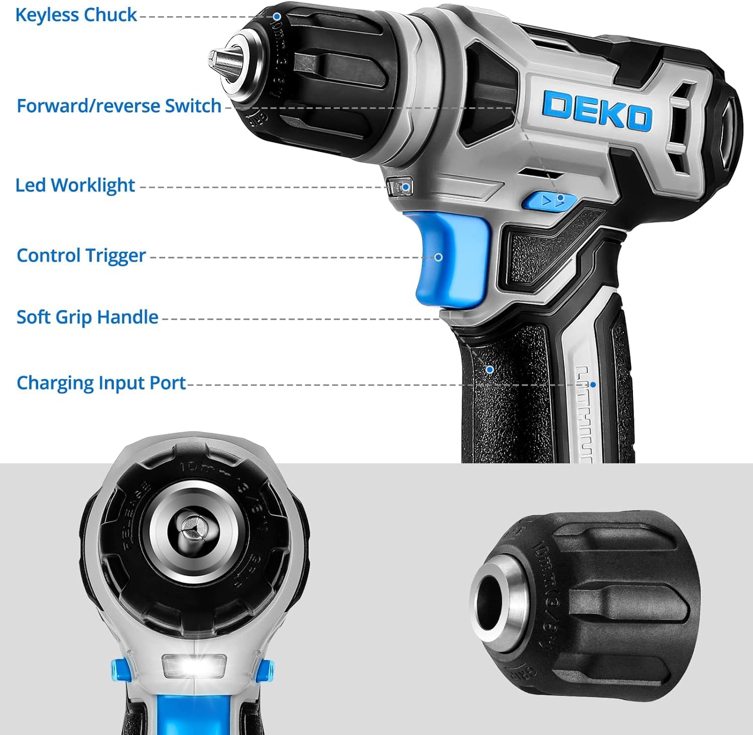 DEKO 8V Cordless Drill, Drill Set with 3/8"Keyless Chuck, Built-in LED, Type-C Charge Cable, 42pcs Acessories, Power Drill for Drilling and Tightening/Loosening Screws