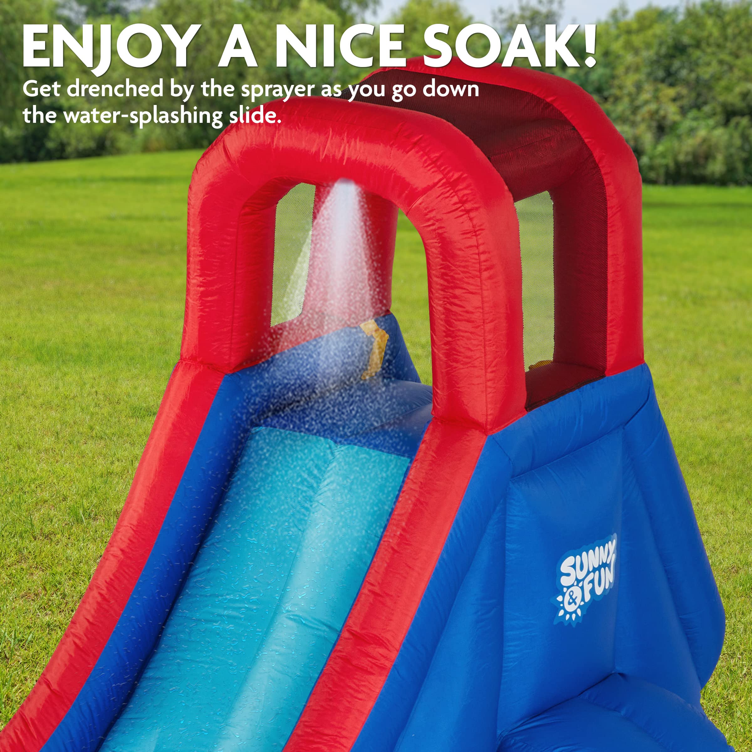 Sunny & Fun Inflatable Single Ring Water Slide Park – Heavy-Duty for Outdoor Fun - Climbing Wall, Slide & Deep Pool – Easy to Set Up & Inflate with Included Air Pump & Carrying Case