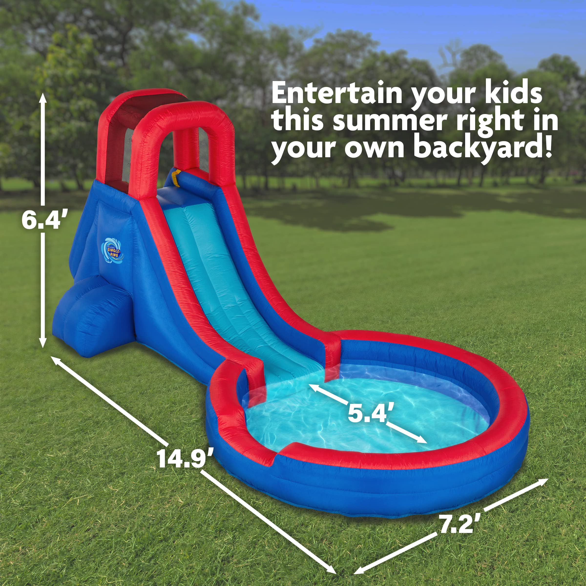 Sunny & Fun Inflatable Single Ring Water Slide Park – Heavy-Duty for Outdoor Fun - Climbing Wall, Slide & Deep Pool – Easy to Set Up & Inflate with Included Air Pump & Carrying Case