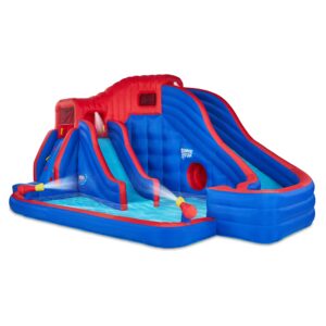 sunny & fun deluxe adventure inflatable water slide park – heavy-duty for outdoor fun - climbing wall, 2 slides & splash pool – easy to set up & inflate with included air pump & carrying case