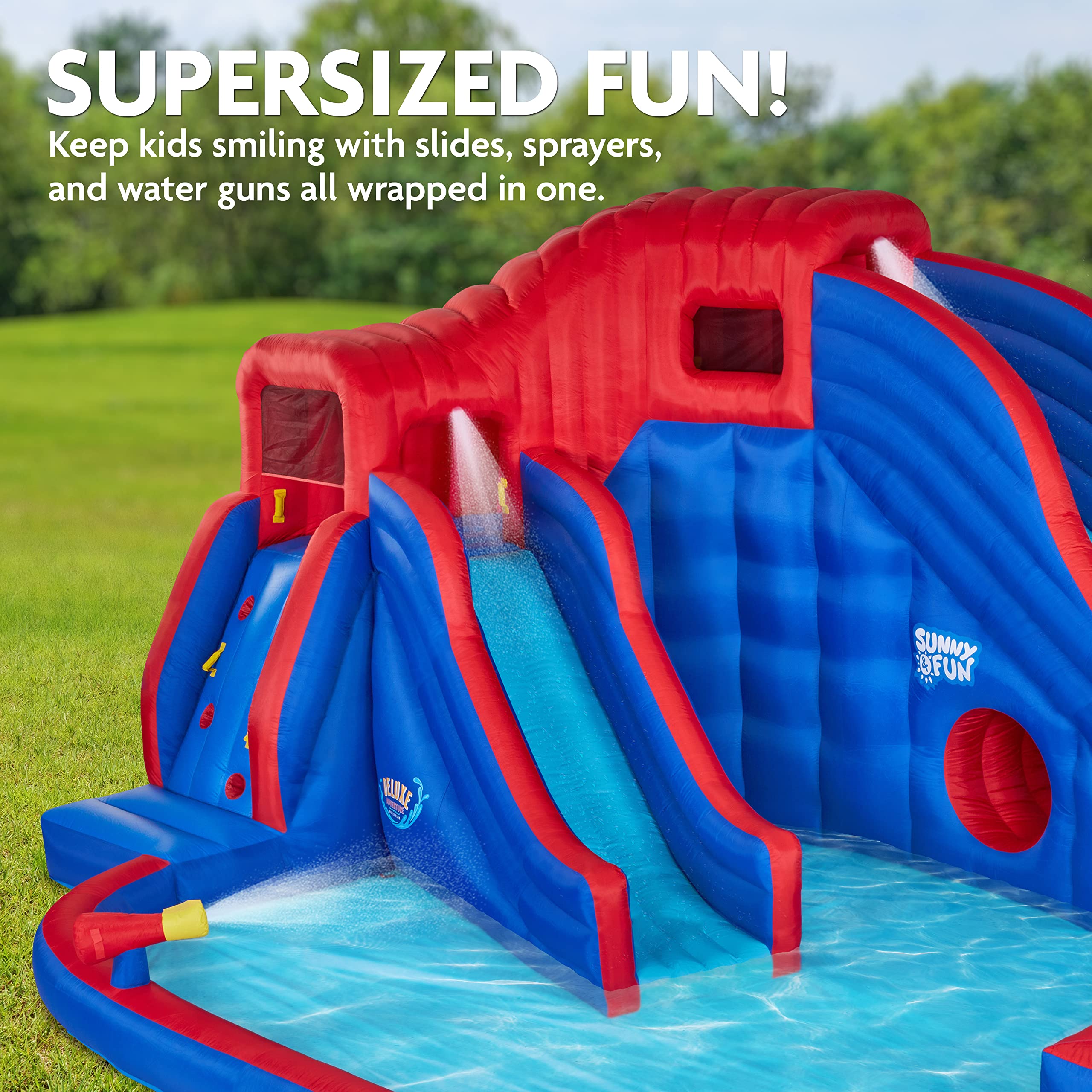 Sunny & Fun Deluxe Adventure Inflatable Water Slide Park – Heavy-Duty for Outdoor Fun - Climbing Wall, 2 Slides & Splash Pool – Easy to Set Up & Inflate with Included Air Pump & Carrying Case