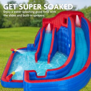 Sunny & Fun Deluxe Adventure Inflatable Water Slide Park – Heavy-Duty for Outdoor Fun - Climbing Wall, 2 Slides & Splash Pool – Easy to Set Up & Inflate with Included Air Pump & Carrying Case