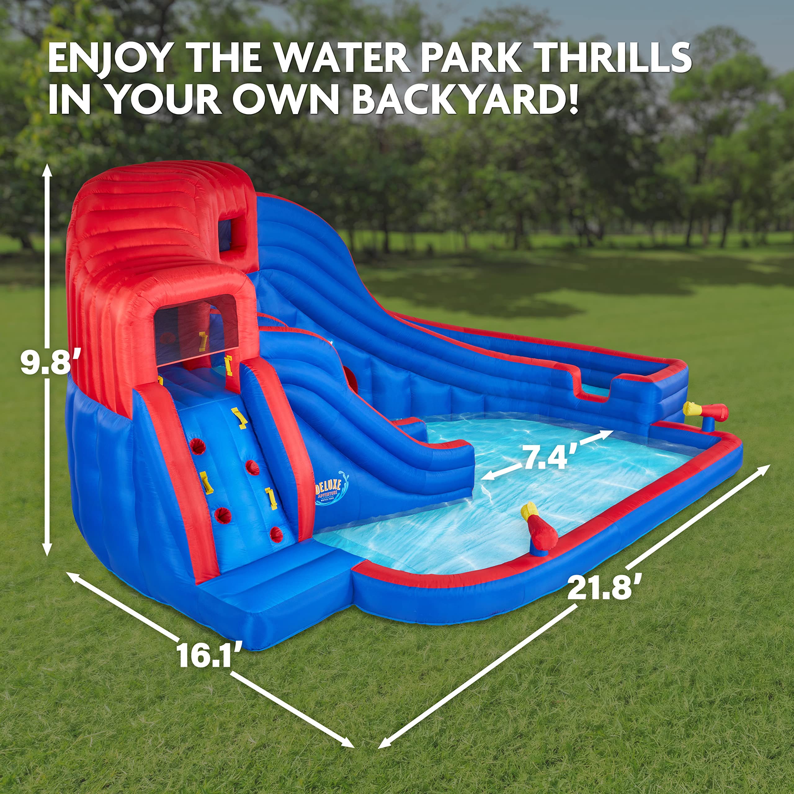 Sunny & Fun Deluxe Adventure Inflatable Water Slide Park – Heavy-Duty for Outdoor Fun - Climbing Wall, 2 Slides & Splash Pool – Easy to Set Up & Inflate with Included Air Pump & Carrying Case