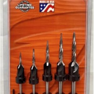 Set of 5 Countersinks with Hex Shank Taper Point Drills & 1 - Hex Key, by W. L. Fuller, for # 5, 6, 8, 10, & 12 Screws Made in The USA