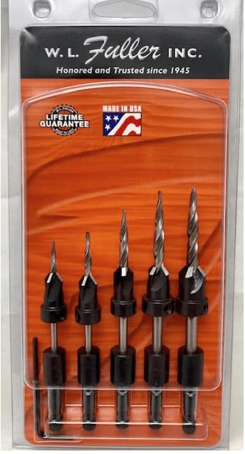 Set of 5 Countersinks with Hex Shank Taper Point Drills & 1 - Hex Key, by W. L. Fuller, for # 5, 6, 8, 10, & 12 Screws Made in The USA