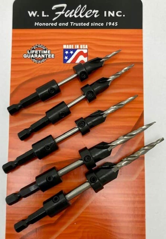 Set of 5 Countersinks with Hex Shank Taper Point Drills & 1 - Hex Key, by W. L. Fuller, for # 5, 6, 8, 10, & 12 Screws Made in The USA