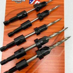 Set of 5 Countersinks with Hex Shank Taper Point Drills & 1 - Hex Key, by W. L. Fuller, for # 5, 6, 8, 10, & 12 Screws Made in The USA