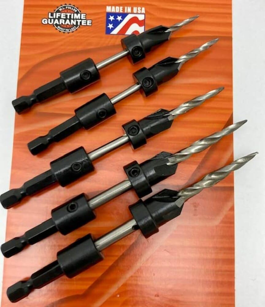 Set of 5 Countersinks with Hex Shank Taper Point Drills & 1 - Hex Key, by W. L. Fuller, for # 5, 6, 8, 10, & 12 Screws Made in The USA