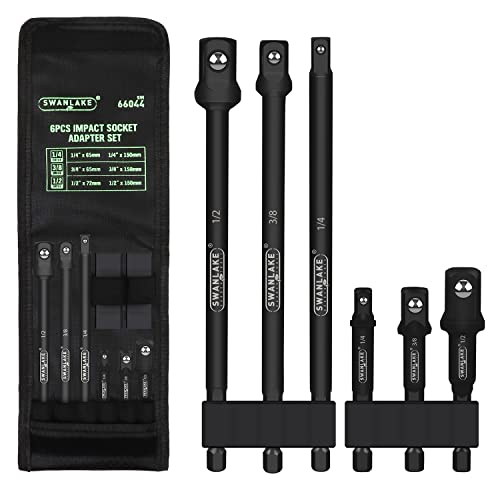 SWANLAKE 6-PCS Impact Grade Socket Adapter Set, 3-Inch and 6-Inch Hex Shank Impact Driver Socket Adapter, Socket to Drill Adapter 1/4" 3/8" 1/2" Impact Driver Adapter