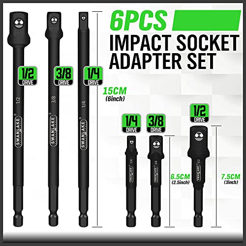 SWANLAKE 6-PCS Impact Grade Socket Adapter Set, 3-Inch and 6-Inch Hex Shank Impact Driver Socket Adapter, Socket to Drill Adapter 1/4" 3/8" 1/2" Impact Driver Adapter