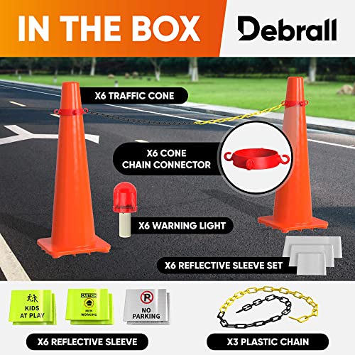 DEBRALL Traffic Cones 6 Pack – 36 Inches, 3 Reflective Strips, Resistant PVC Plastic, Safety Cone, Multipurpose Cones, for Parking, Construction, School