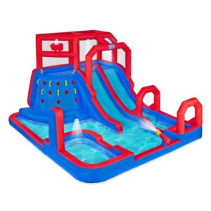 sunny & fun mega climb n’ go inflatable water slide park – heavy-duty for outdoor fun - climbing wall, 2 slides, splash & deep pool – easy to set up & inflate with included air pump & carrying case