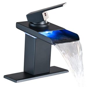 zoriou waterfall bathroom sink faucet, cold and hot water temperature sensitive, wide spout basin modern faucet with 3 colors changes (matte black)