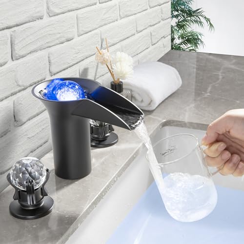 SKOWLL Waterfall Bathroom Faucet, Deck Mount 8 Inch Widespread Bath Sink Faucet 2 Crystal Handle Vanity Faucet with LED Light, Matte Black