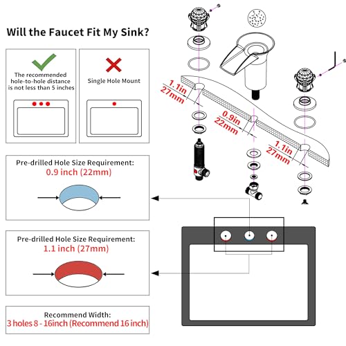 SKOWLL Waterfall Bathroom Faucet, Deck Mount 8 Inch Widespread Bath Sink Faucet 2 Crystal Handle Vanity Faucet with LED Light, Matte Black