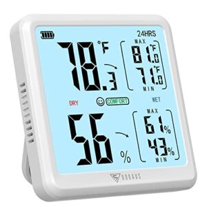 doqaus digital hygrometer indoor thermometer for home, room thermometer with 3s fast refresh & max min records, temperature humidity monitor meter with touch lcd backlight, usb rechargeable