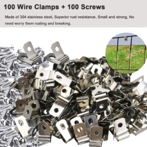 100 Pcs Fence Wire Clamps with 100 Pcs Screws for 2-6 Gauge Wire Fencing, Stainless Steel Wire Clips Mount Welded Wire to Vinyl, Wood or Metal Fence