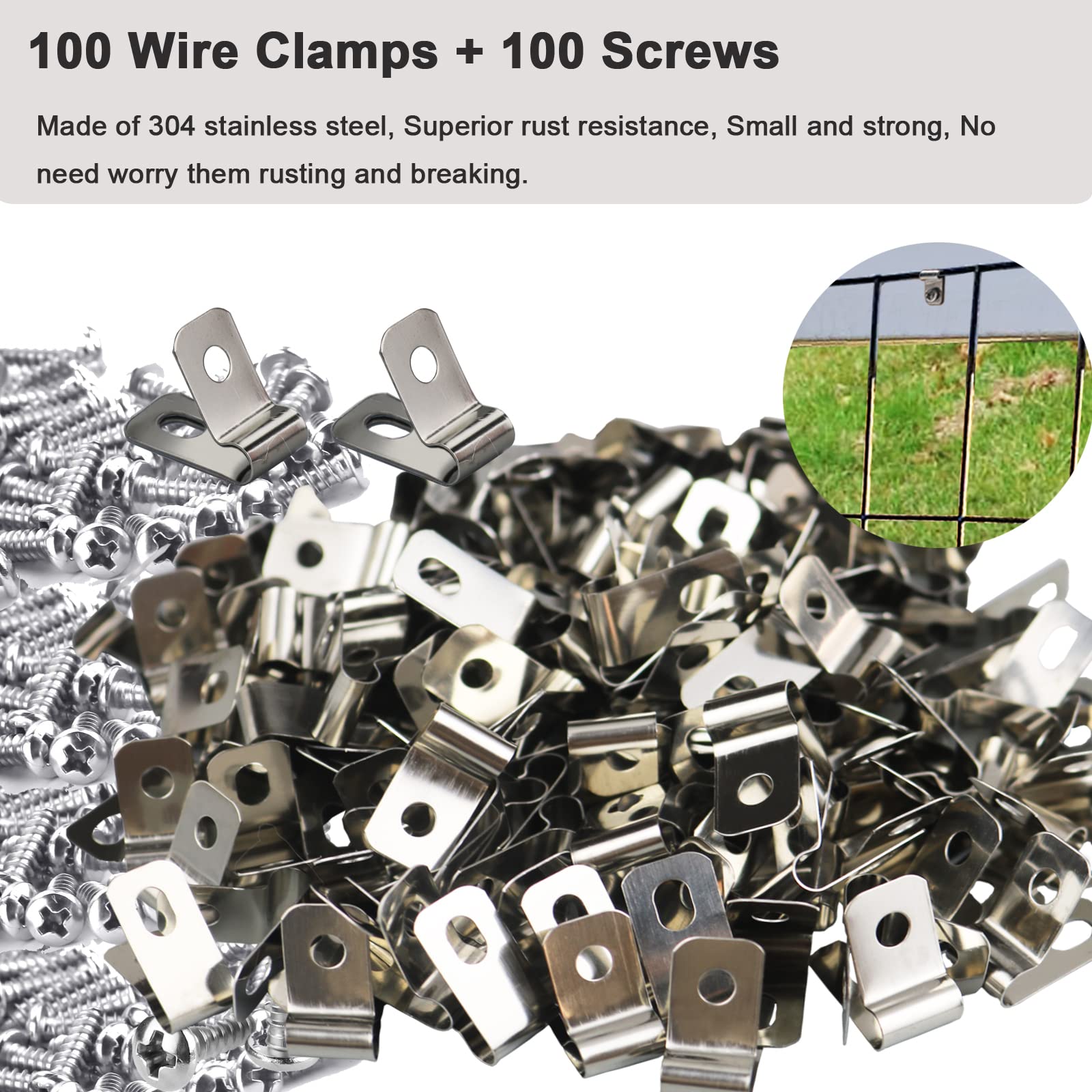100 Pcs Fence Wire Clamps with 100 Pcs Screws for 2-6 Gauge Wire Fencing, Stainless Steel Wire Clips Mount Welded Wire to Vinyl, Wood or Metal Fence