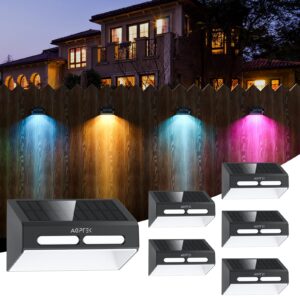 agptek solar fence lights with warm white & rgb fixed mode 6 pack, color glow solar christmas holiday decoration lights outdoor led wall lights for fence, patio, porch, deck railing, backyard, step
