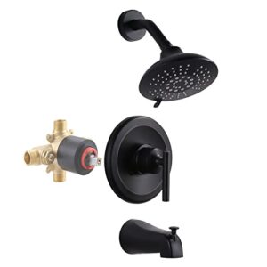 WOWOW Matte Black Shower Faucet Set with Tub Spout and 6-Inch Rain Shower Head, Brass Shower System Single Handle Tub and Shower Trim Kit (Valve Included)