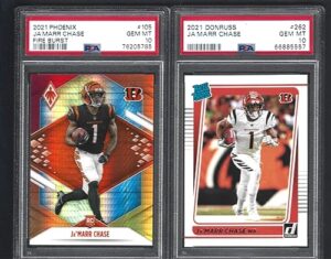 psa 10 ja'marr chase fire burst #106 short print & donruss #262 2 card rookie lot bengals star young wide receiver offensive player of the year graded psa gem mint 10