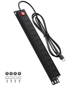 12 outlet metal power strip, 19inch rack mount heavy duty power strip for network cabinet garage workbench, 6ft sjt 16awg power cord, black