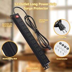 12 Outlet Metal Power Strip, 19inch Rack Mount Heavy Duty Power Strip for Network Cabinet Garage Workbench, 6ft SJT 16AWG Power Cord, Black