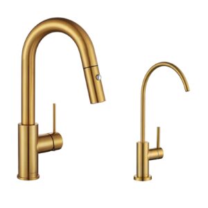 aguastella as59bg brushed gold pull down bar faucet and as09bg brushed gold stainless steel water filter faucet for most reverse osmosis units or water filtration system in non-air gap combination