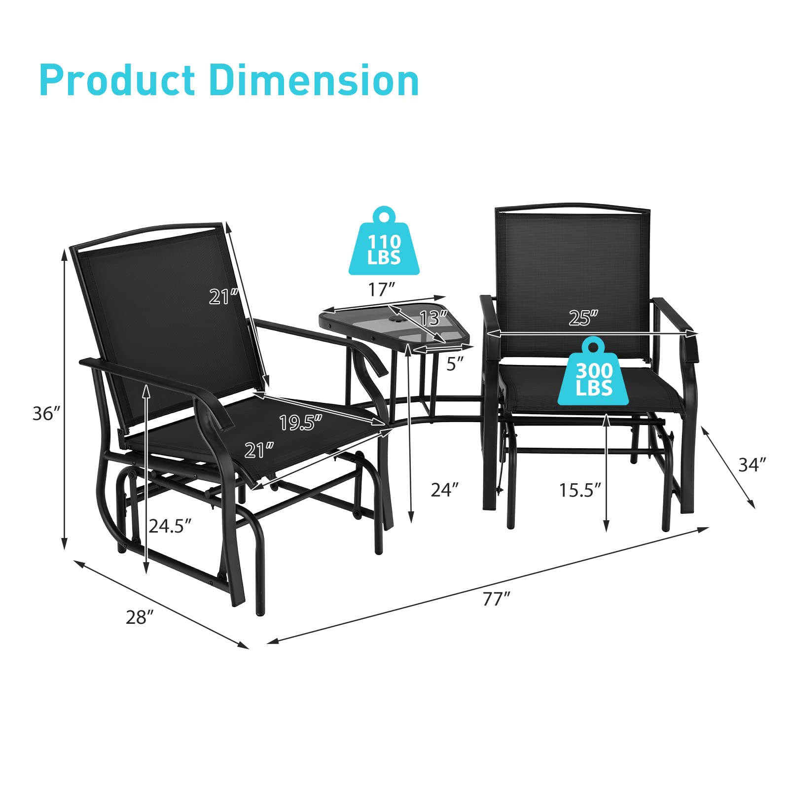 Giantex Outdoor Glider Chairs with Table & Umbrella Hole, Patio 2-Seat Rocking Chair Outside Loveseat Swing w/Breathable Fabric for Garden, Backyard, Poolside, Lawn Metal Glider Bench(Dark)