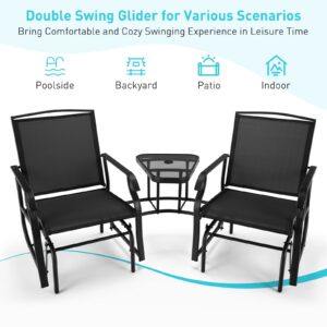 Giantex Outdoor Glider Chairs with Table & Umbrella Hole, Patio 2-Seat Rocking Chair Outside Loveseat Swing w/Breathable Fabric for Garden, Backyard, Poolside, Lawn Metal Glider Bench(Dark)