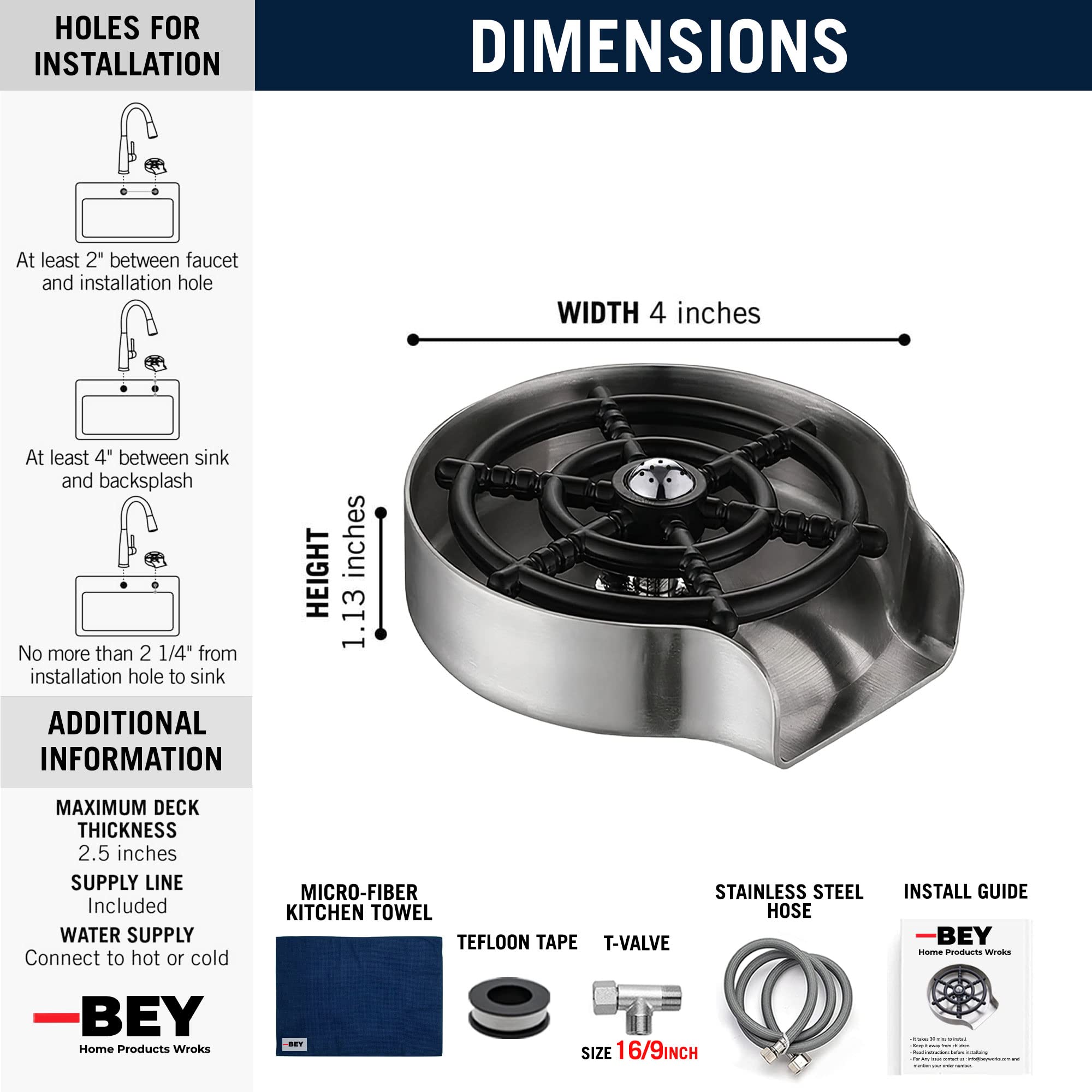 BEY Automatic Glass Rinser - Powerful Cup Washer for Kitchen Sink, Stainless Steel Baby Bottle Cleaner Sinks Attachment, Bar Accessories Spray Metal (Silver Stainless Steel)